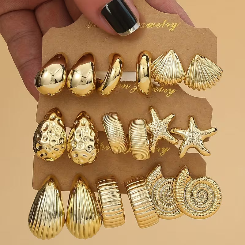 Set Fashionable &Golden Starfish, Seashell, Smooth Water Drop, Textured C-Shape Earrings Set, Suitable for Summer Travel & Vacation Wear